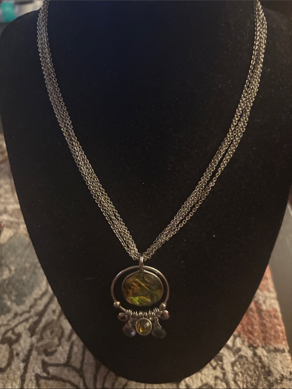 Silver-Tone Multi-Chain Necklace with Green Glass Pendant - Unbranded